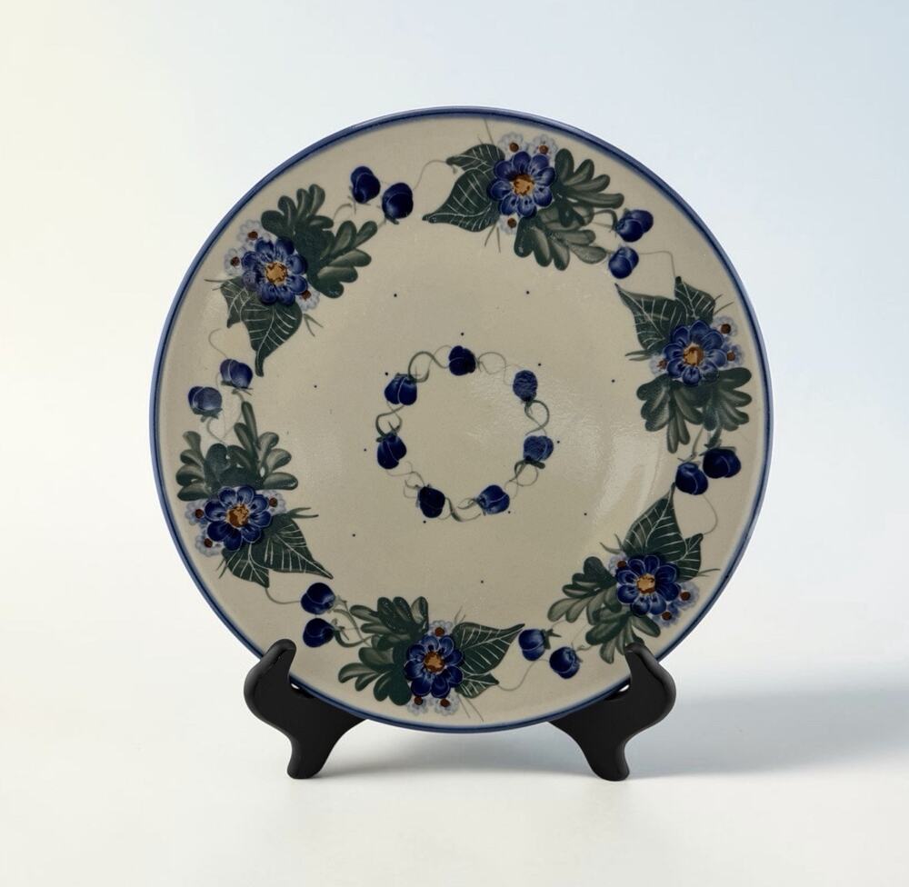 Unikat "Blue Rose" Polish Pottery Plate 10" Wide Hand Painted Floral
